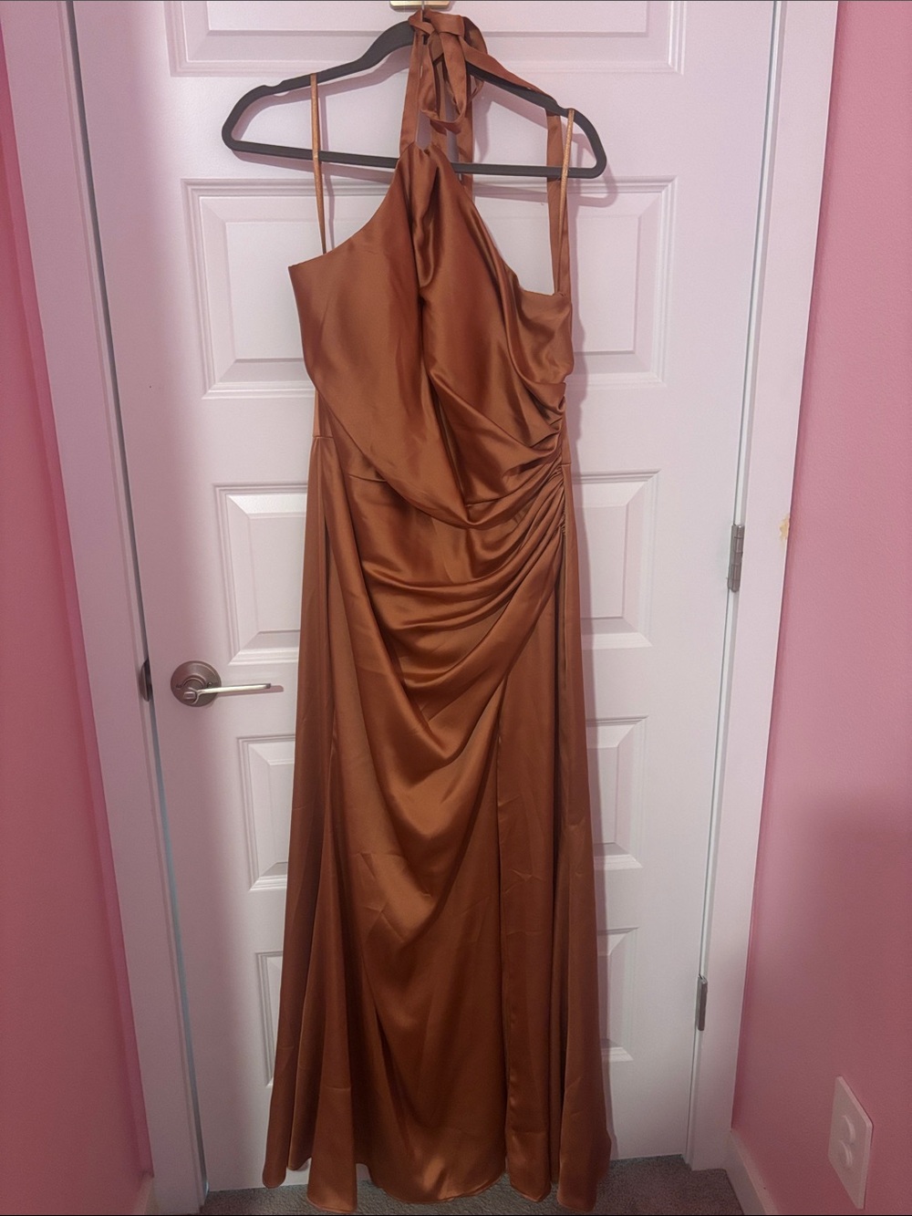 Revelry Copper Satin Halter Prom Gown